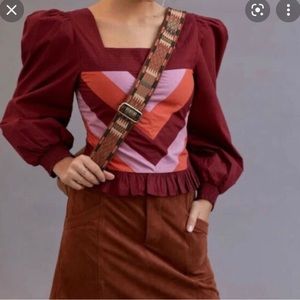 NWT anthropologie love the label maroon pink square neck puff sleeve blouse